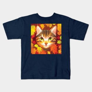 Tabby Cat in Autumn Leaves Kids T-Shirt